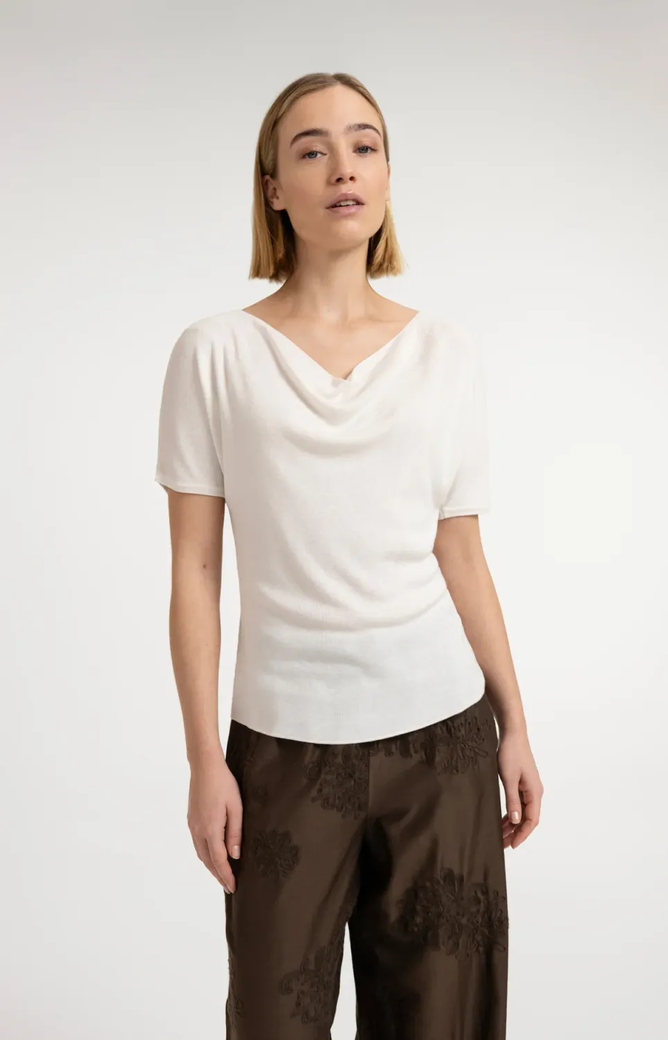 YaYa Gebreide top met watervalhals Wit 01-000606-607