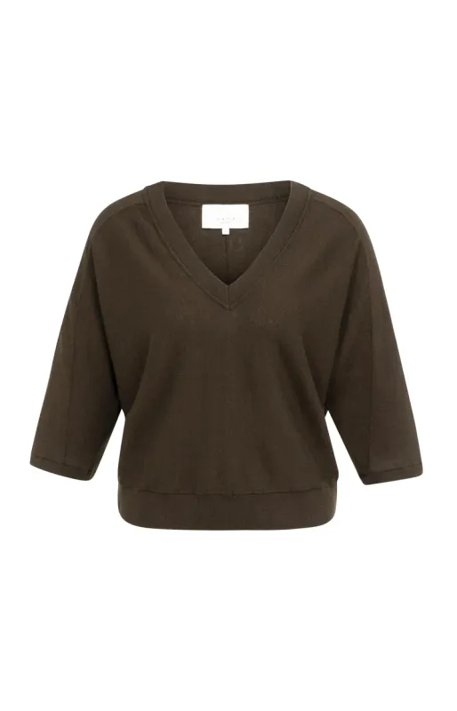 YaYa V-hals trui met naaddetails Bruin 01-000609-607