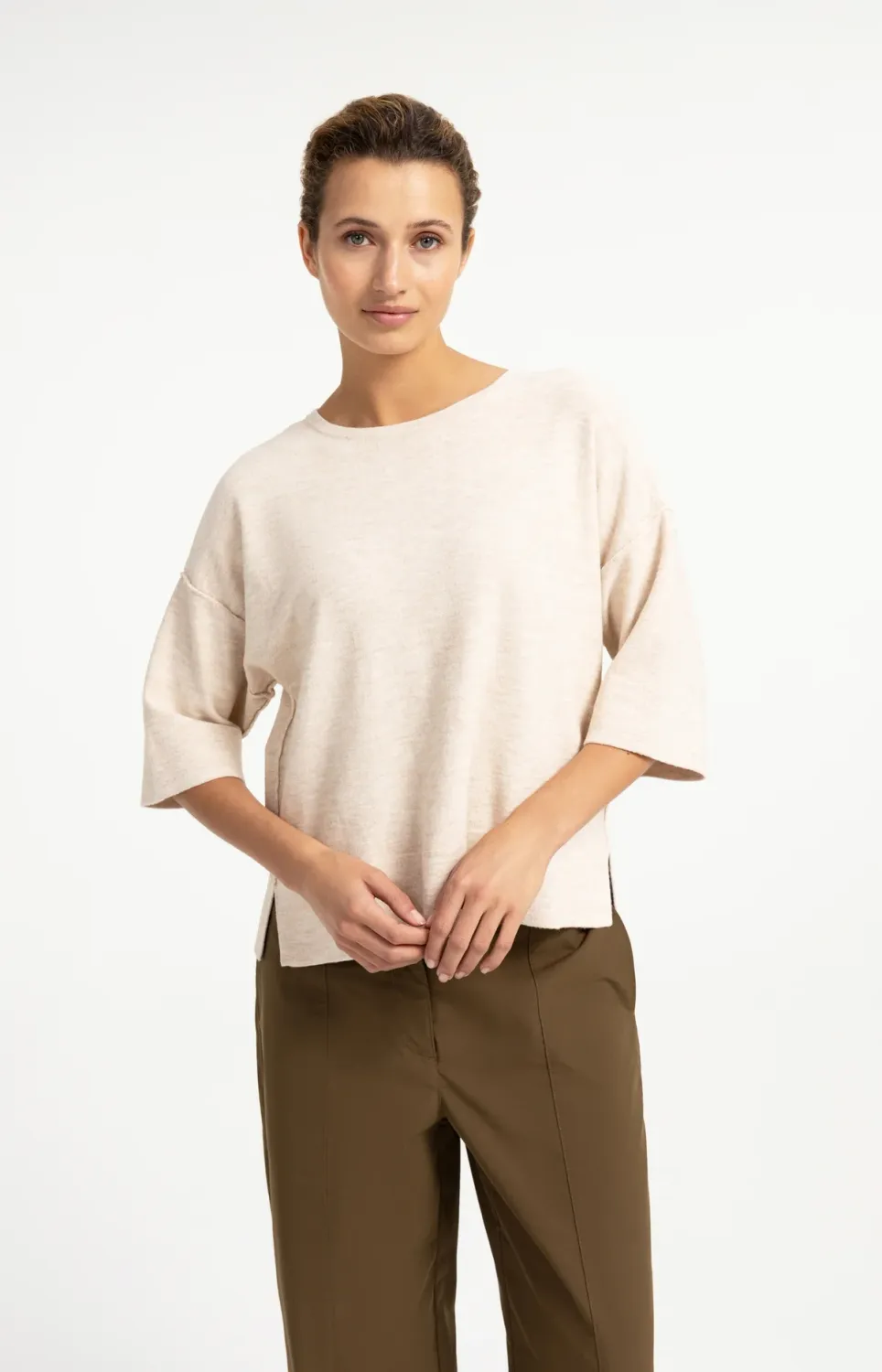YAYA Fijngebreid oversized T-shirt Beige