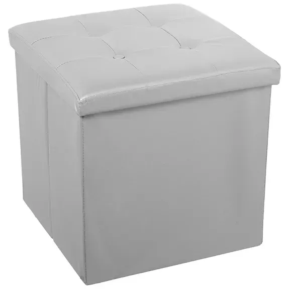 POUF DE RANGEMENT PLIANT EN CUIR ARGENT _45X45X45CM
