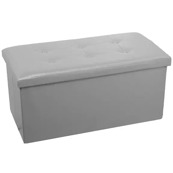 POUF DE RANGEMENT PLIANT EN CUIR ARGENT _77X38X38CM