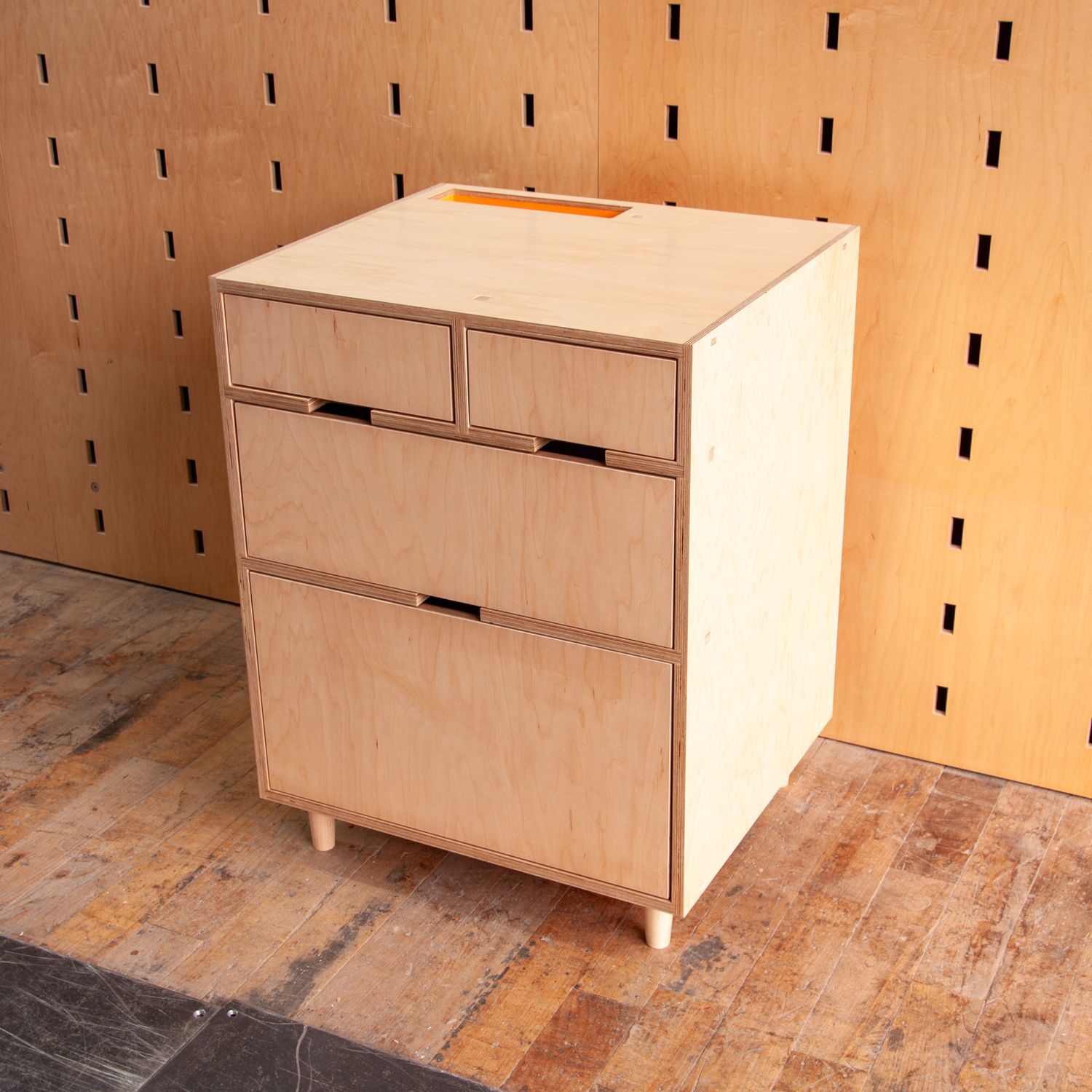 2 drawers over 2 drawers with an orange cubby