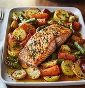 Dinner Tray-Baked Salmon, Roasted Veggies, and Rice (gf)