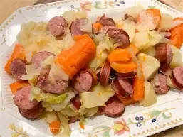 Dinner Tray-Smoked Sausage, Cabbage, Carrots, Mashed Potatoes