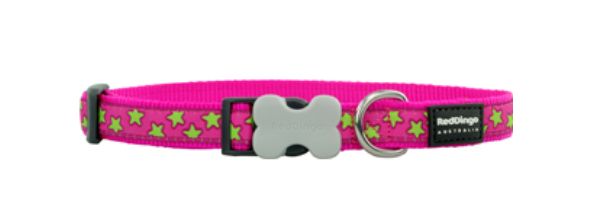 Red Dingo Collar - Lime Stars on  Pink, Size: 12mm x 20-32cm