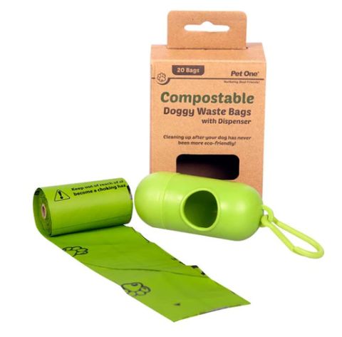 Pet One Doggy Waste Bags Compostable 1 Roll X 20 Bags Per Roll &amp; Dispenser