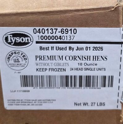 Premium Cornish Hens 18oz 24HD, Tyson