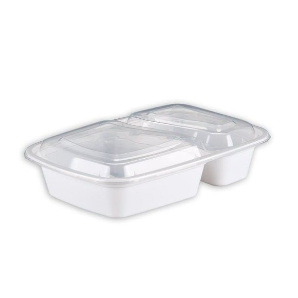6828 White Plastic Take-Out Containers Oblong 2 Compartments 30oz White