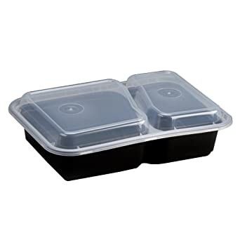 6828 Black Plastic Take-Out Containers Oblong 2 Compartments 30oz Black