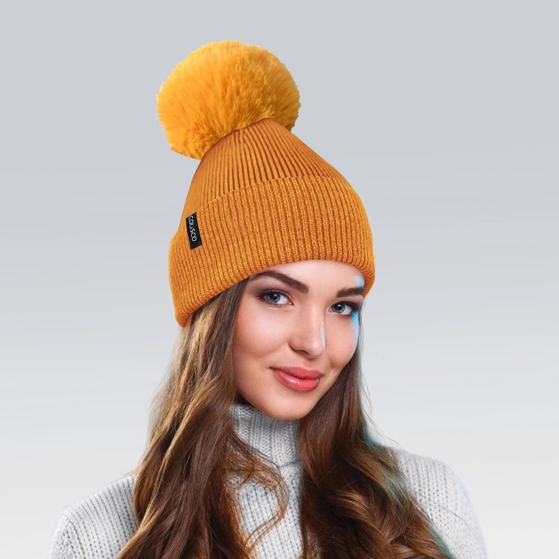 Colisco Soft Warm Pompom Beanies, Cozy Winter Knitted Beanie Hat, Orange 10102