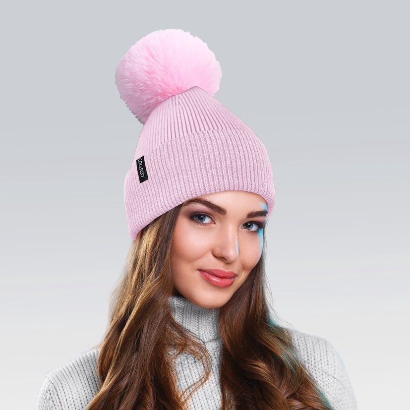 Colisco Soft Warm Pompom Beanies, Cozy Winter Knitted Beanie Hat, Light Pink