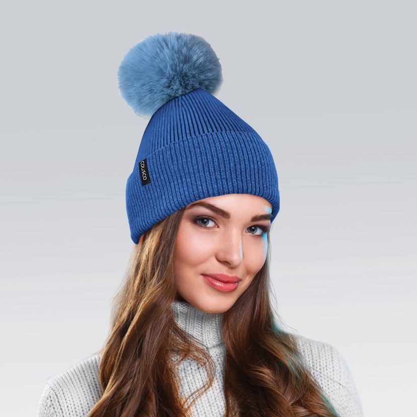 Colisco Soft Warm Pompom Beanies, Cozy Winter Knitted Beanie Hat, Denim Blue