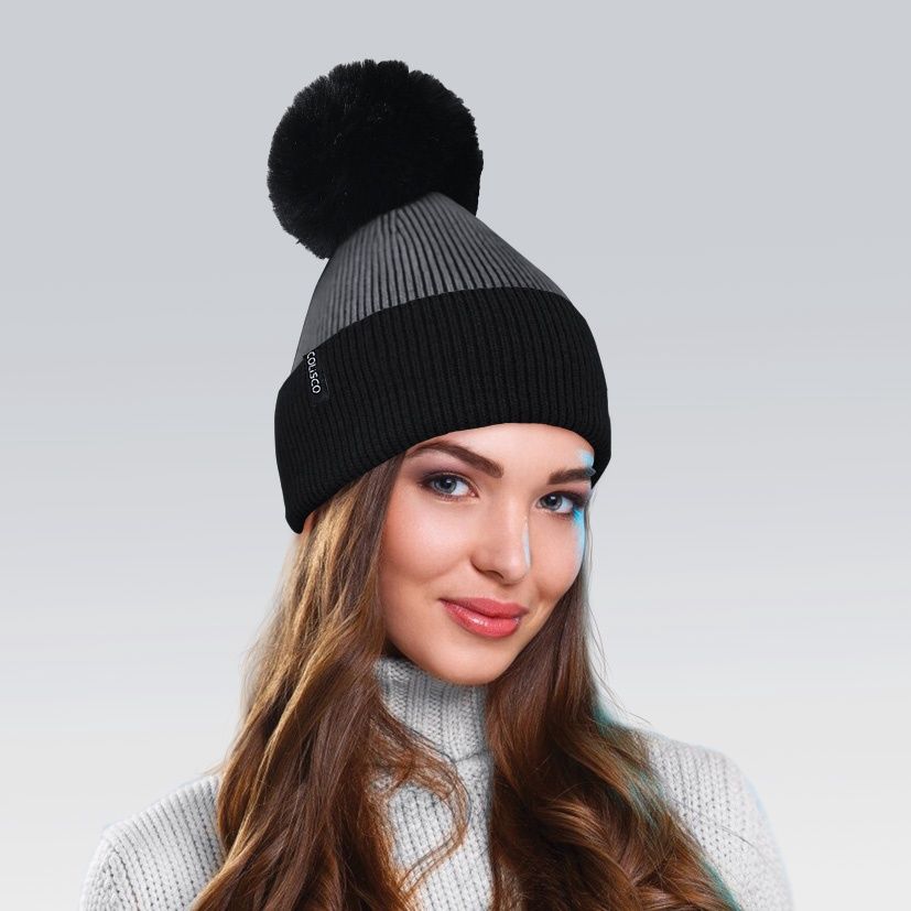 Colisco Soft Warm Pompom Beanies, Cozy Winter Knitted Beanie Hat, Gray/Black 10131