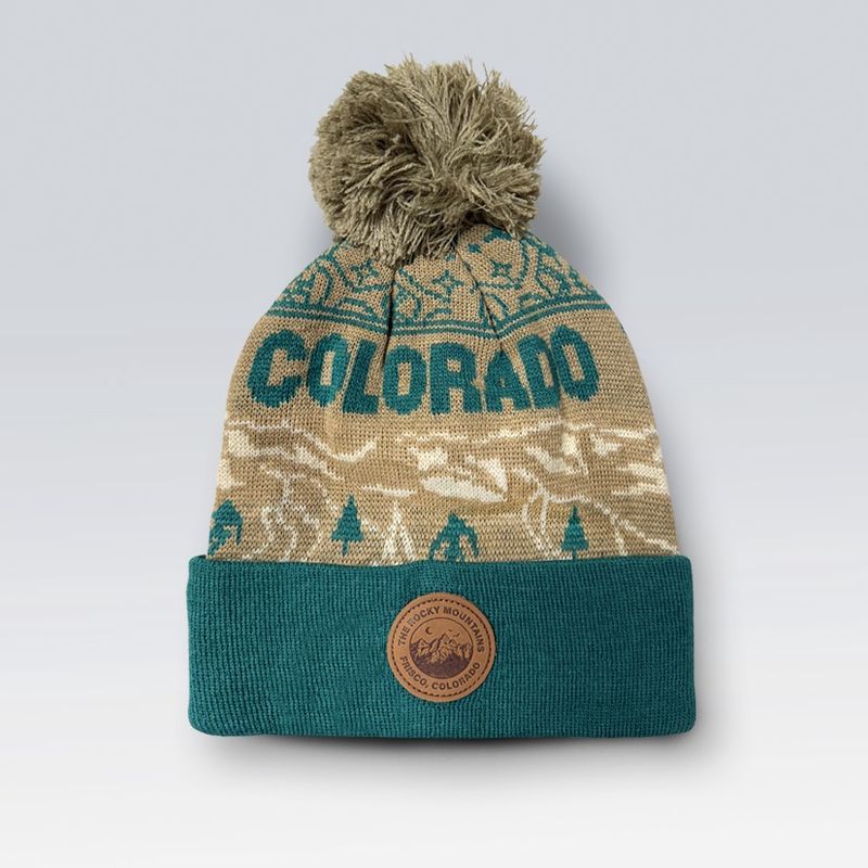 Colisco Soft Warm Customizable Pompom Beanies, Cozy Winter Knitted Beanie Hat, Beige/Teal 10230