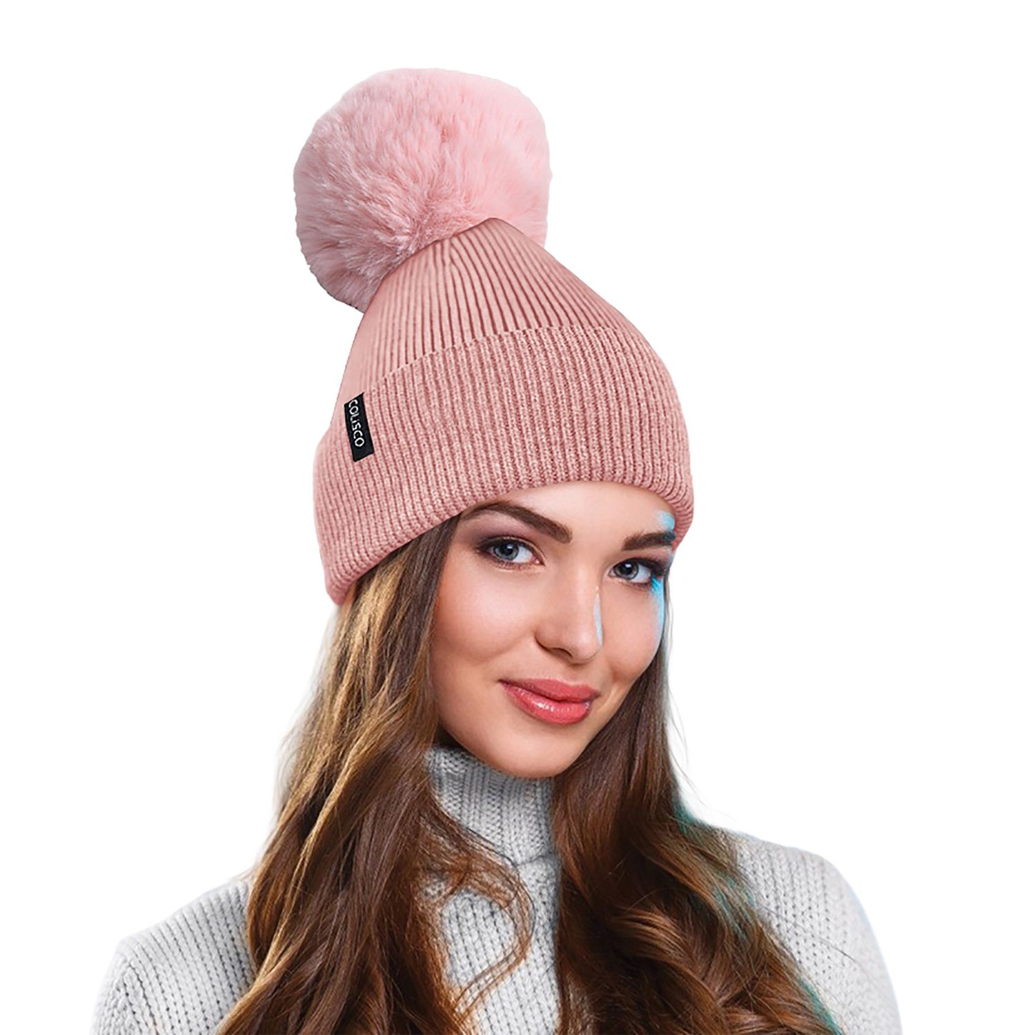 Colisco Pom Pom Beanies for Women, Cozy Winter Knitted Beanie Hat, Blush Pink