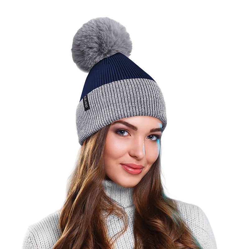 Colisco Soft Warm Pompom Beanies, Cozy Winter Knitted Beanie Hat, Blue/Gray