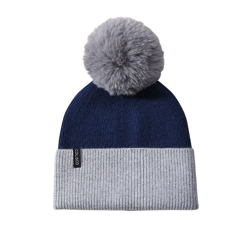 Colisco Soft Warm Pom Pom Beanie Hat, Navy/Gray