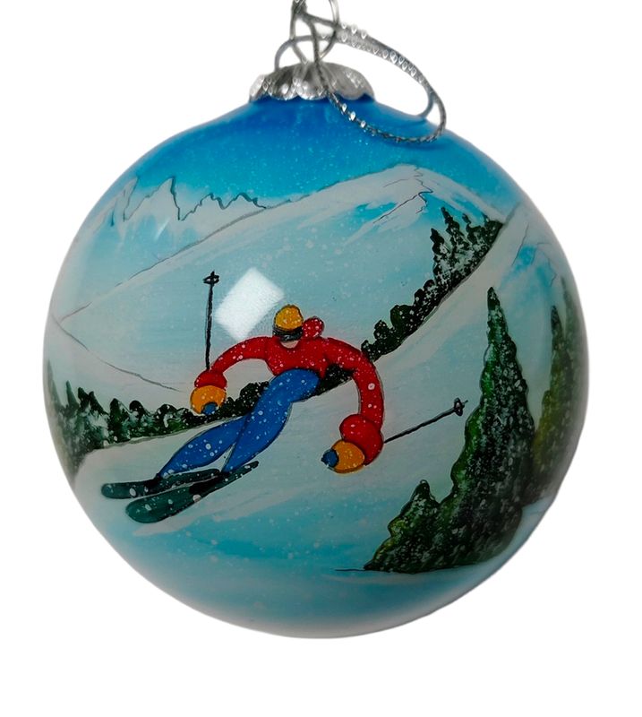 Colisco Hotdogging Skiers Hand Painted Glass Ornament – Elegant Holiday Décor and Year-Round Display