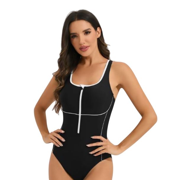 Colisco Zipper Front Swimsuit, Black and White, Color: Black, Size: S