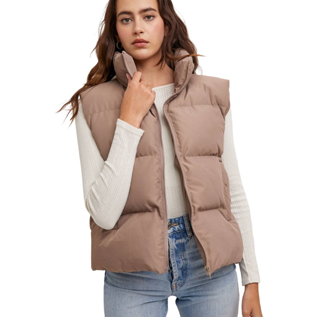 Zipper Front Puffer Vest 164383, Color: Mushroom, Size: S