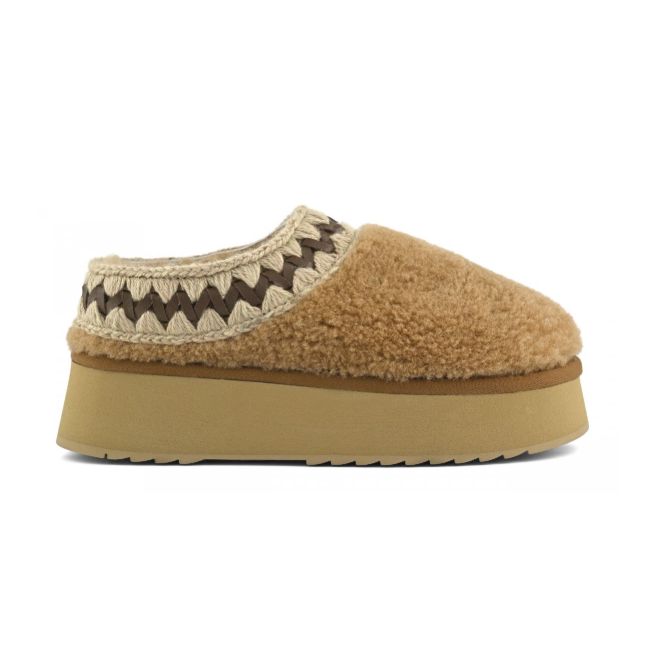 Platform Clog Curly Sheepskin, Cognac Suede