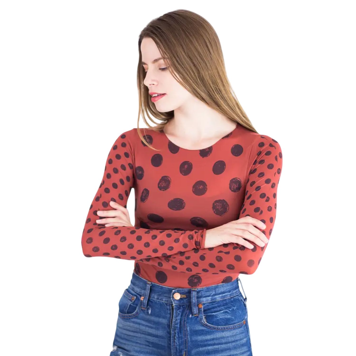 Grunge Polka Dot  Raw Edge Second Skin Top, Color: Autumn Maple, Size: O/S