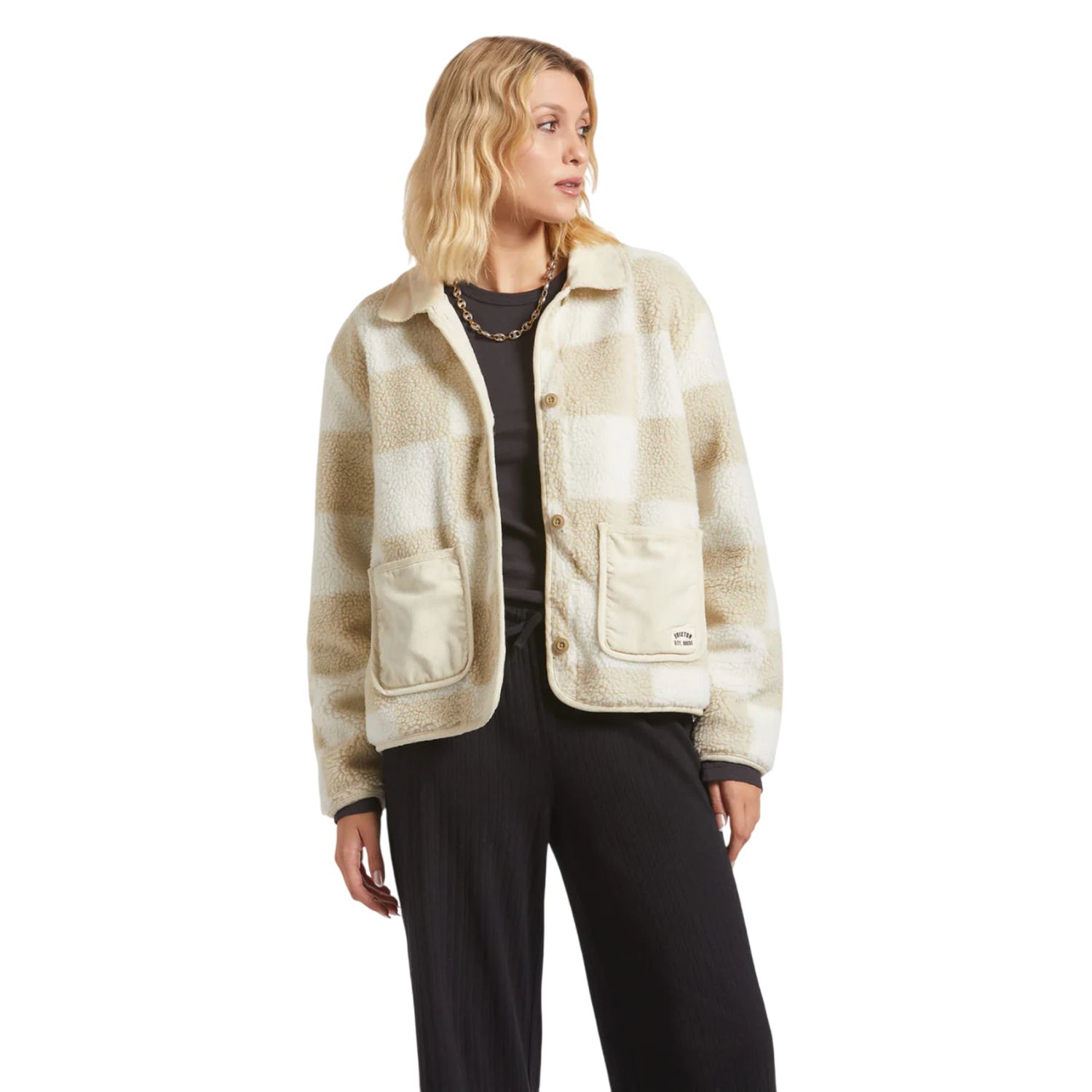 Delilah Sherpa Jacket, Color: White/Natural Finish Line Checker, Size: XS