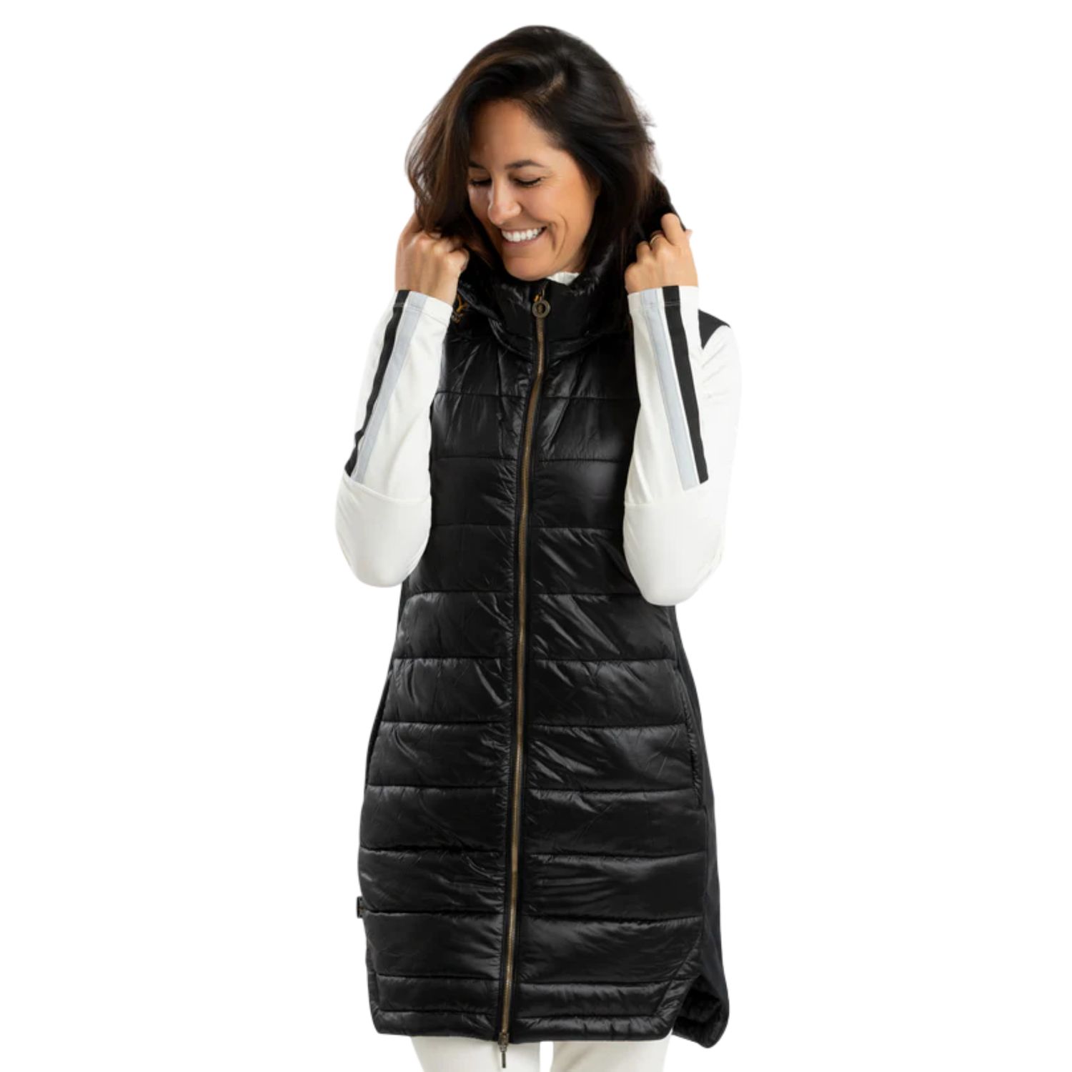 Gloria Women's Long Vest, Zip-off Hood, Color: Black, Size: XS