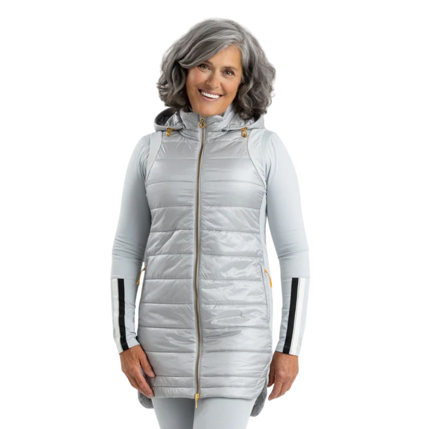 Gloria Long Vest, Zip-off Hood, Color: Silver, Size: XS