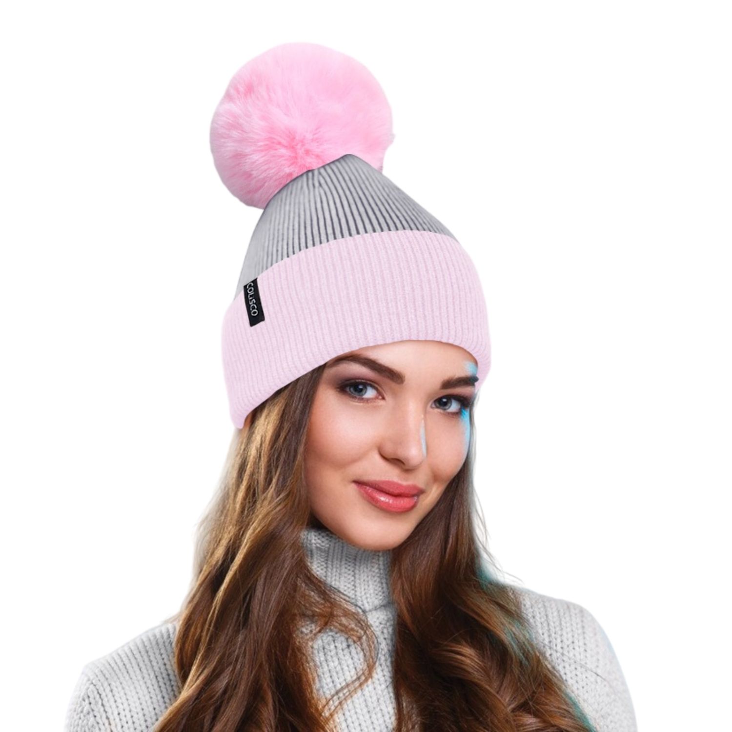 Colisco Soft Warm Pompom Beanies, Cozy Winter Knitted Beanie Hat, Grey/Pink