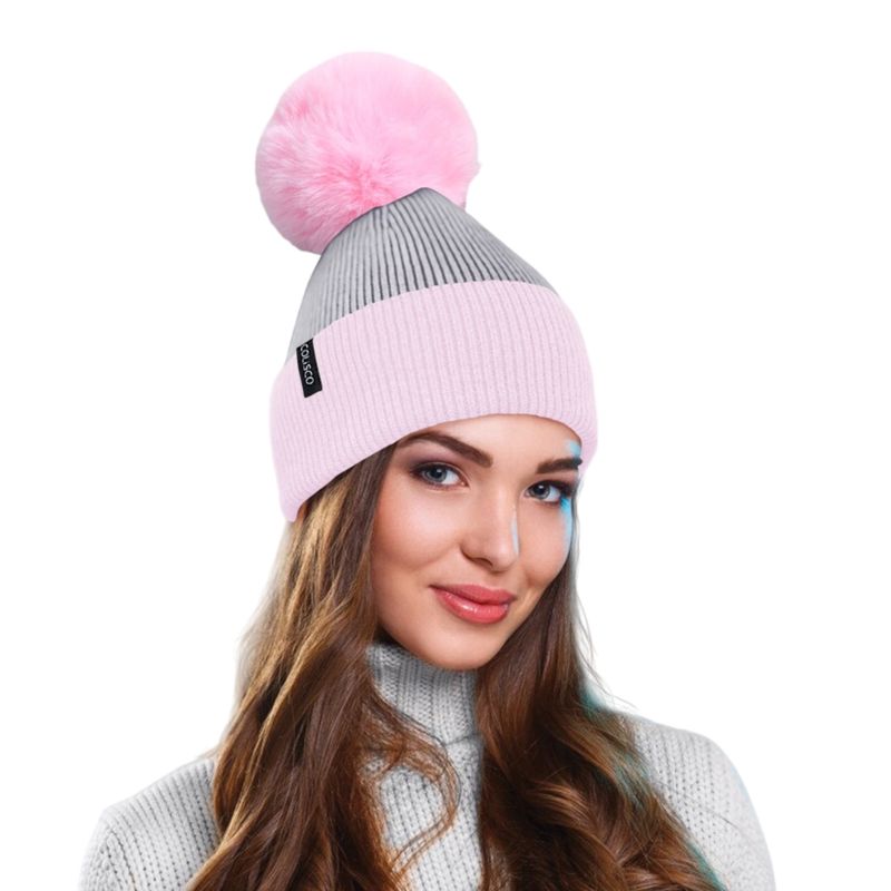 Colisco Soft Warm Pompom Beanies, Cozy Winter Knitted Beanie Hat, Grey/Pink