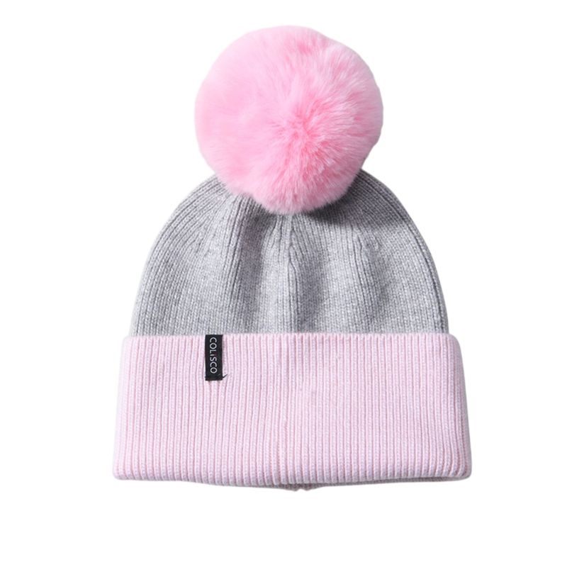 Colisco Soft Warm Pom Pom Beanie Hat, Grey/Pink