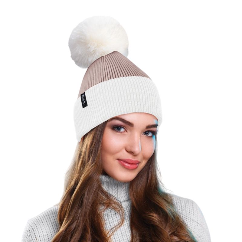 Colisco Soft Warm Pompom Beanies, Cozy Winter Knitted Beanie Hat, White/Brown
