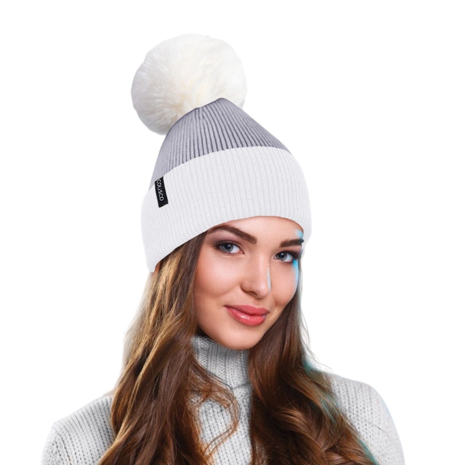 Colisco Soft Warm Pompom Beanies, Cozy Winter Knitted Beanie Hat, White/Gray