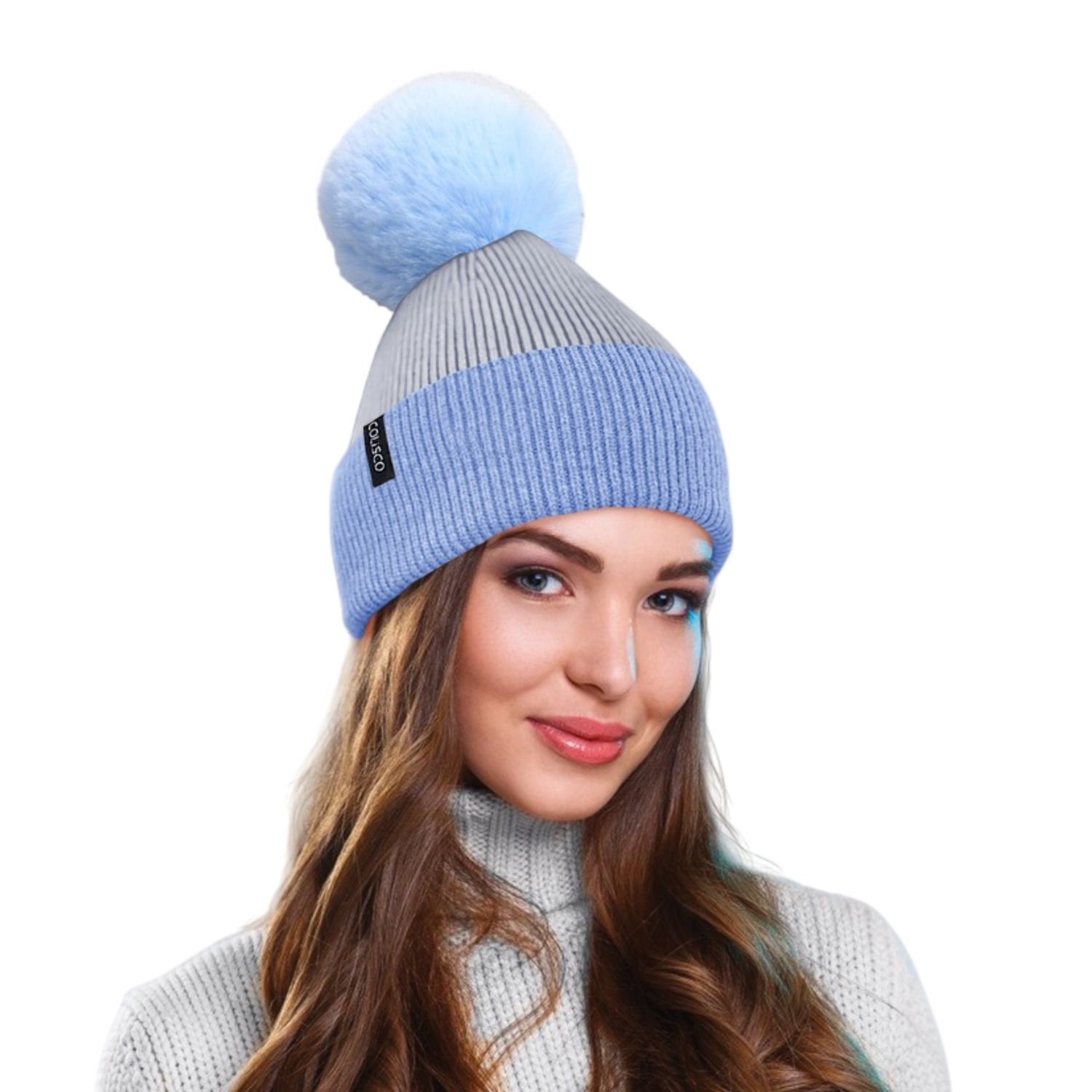 Colisco Soft Warm Pompom Beanies, Cozy Winter Knitted Beanie Hat, Gray/Blue