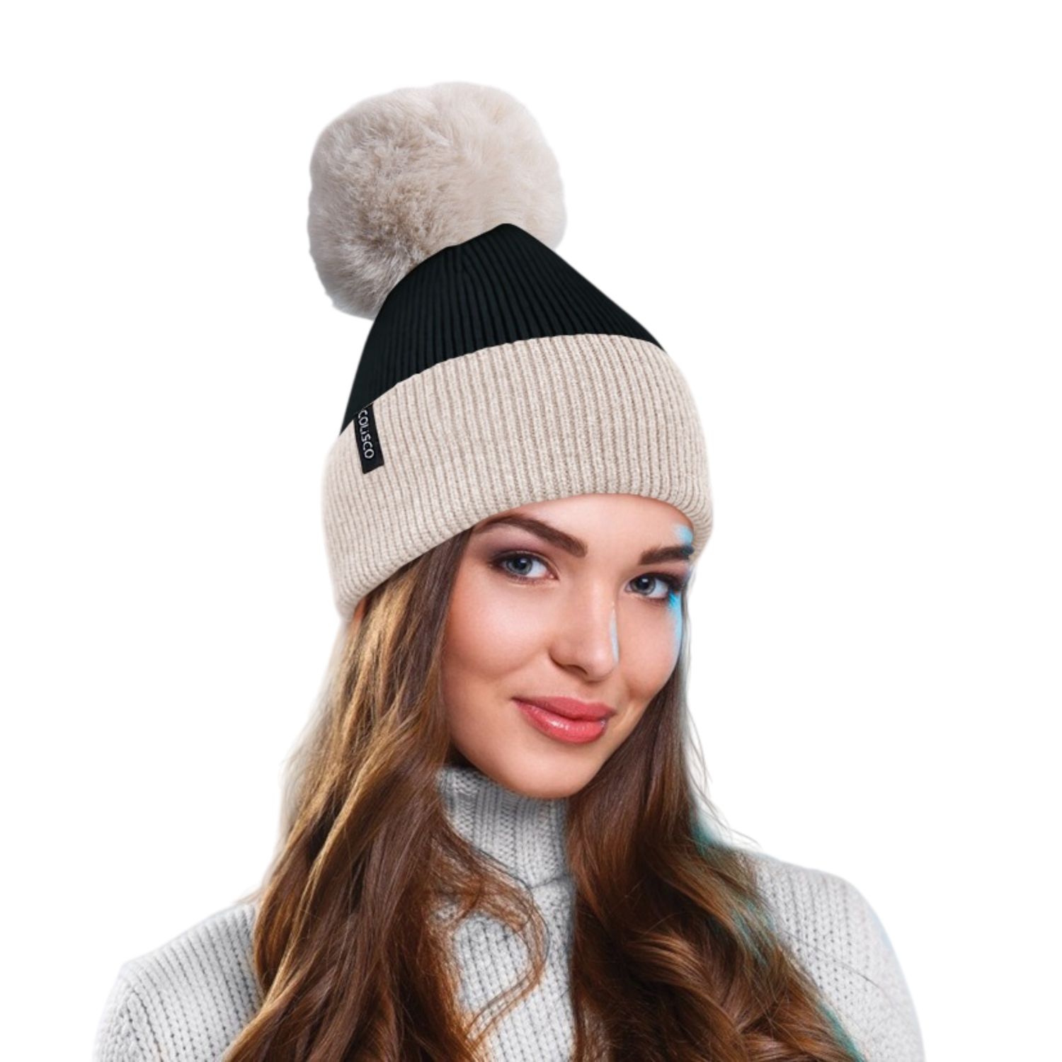 Colisco Soft Warm Pompom Beanies, Cozy Winter Knitted Beanie Hat, Cream/Black