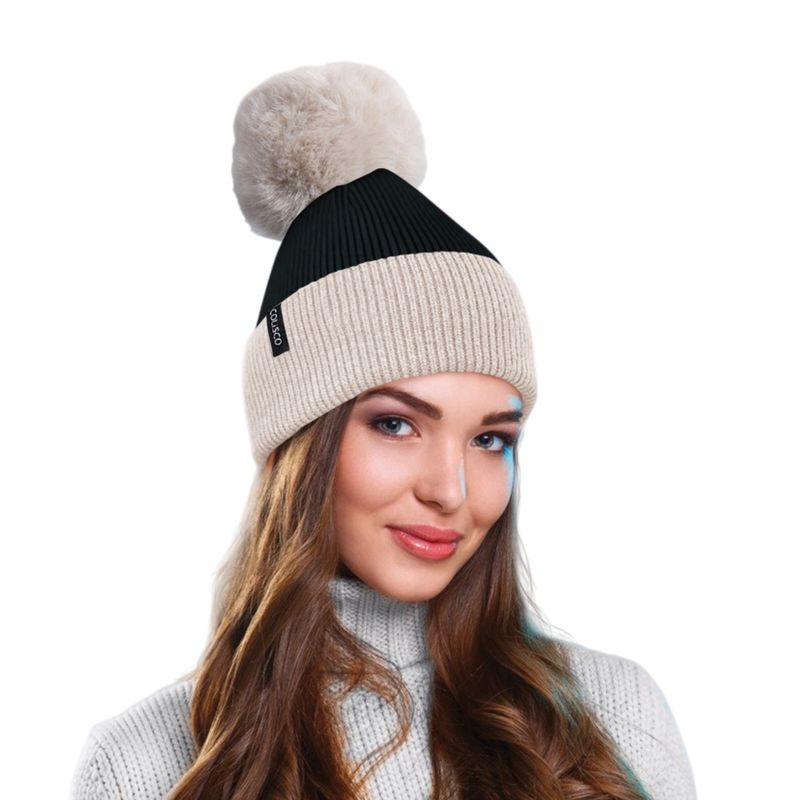 Colisco Soft Warm Pompom Beanies, Cozy Winter Knitted Beanie Hat, Cream/Black