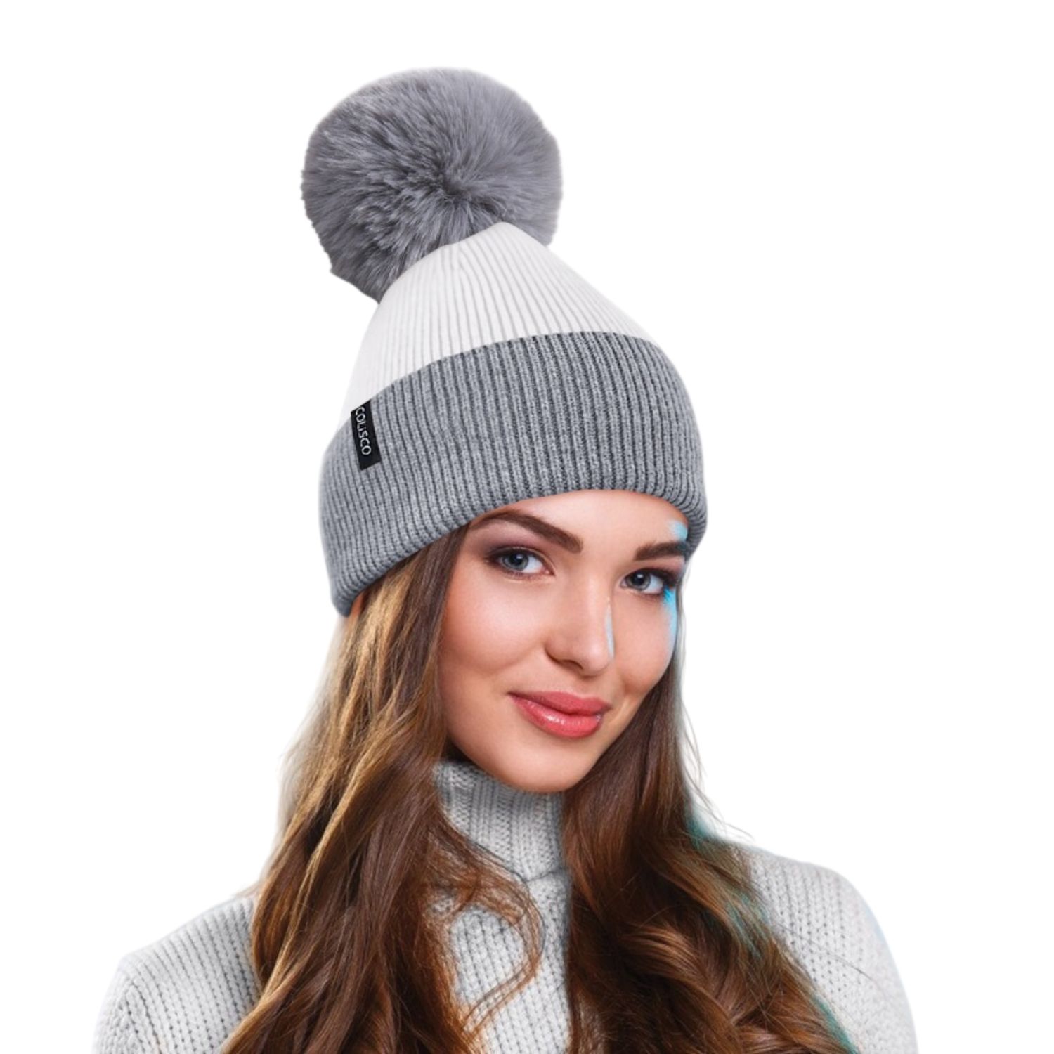 Colisco Soft Warm Pompom Beanies, Cozy Winter Knitted Beanie Hat, Gray/White