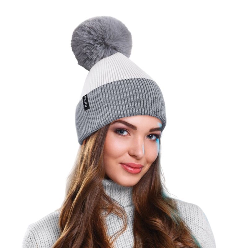 Colisco Soft Warm Pompom Beanies, Cozy Winter Knitted Beanie Hat, Gray/White