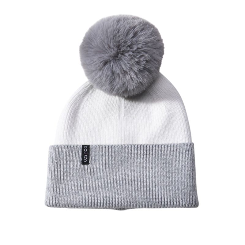 Colisco Soft Warm Pom Pom Beanie Hat, Gray/White