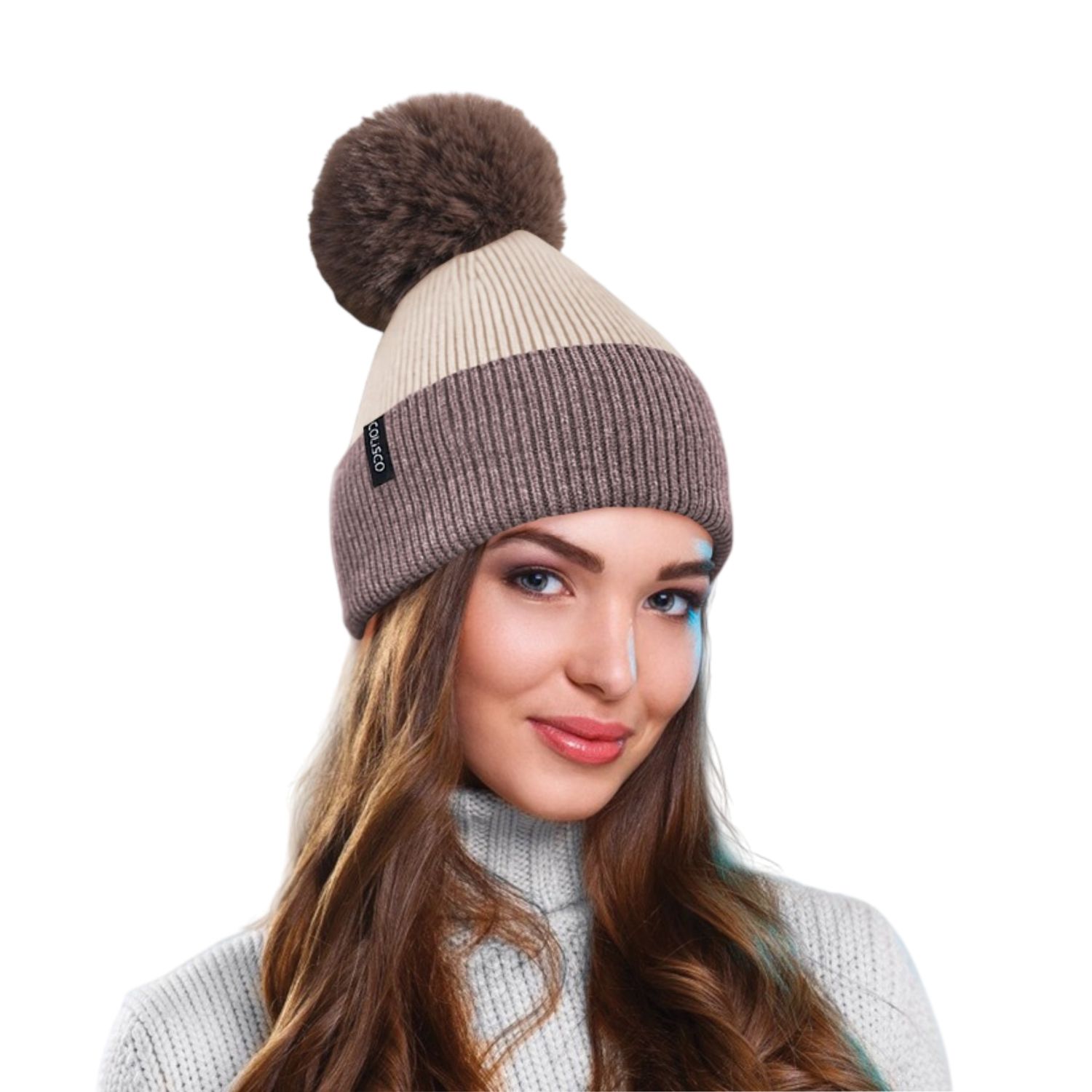 Colisco Soft Warm Pompom Beanies, Cozy Winter Knitted Beanie Hat, Brown/Cream