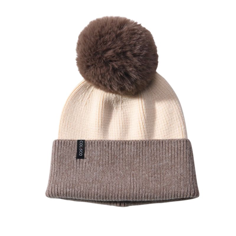Colisco Soft Warm Pom Pom Beanie Hat, Brown/Cream