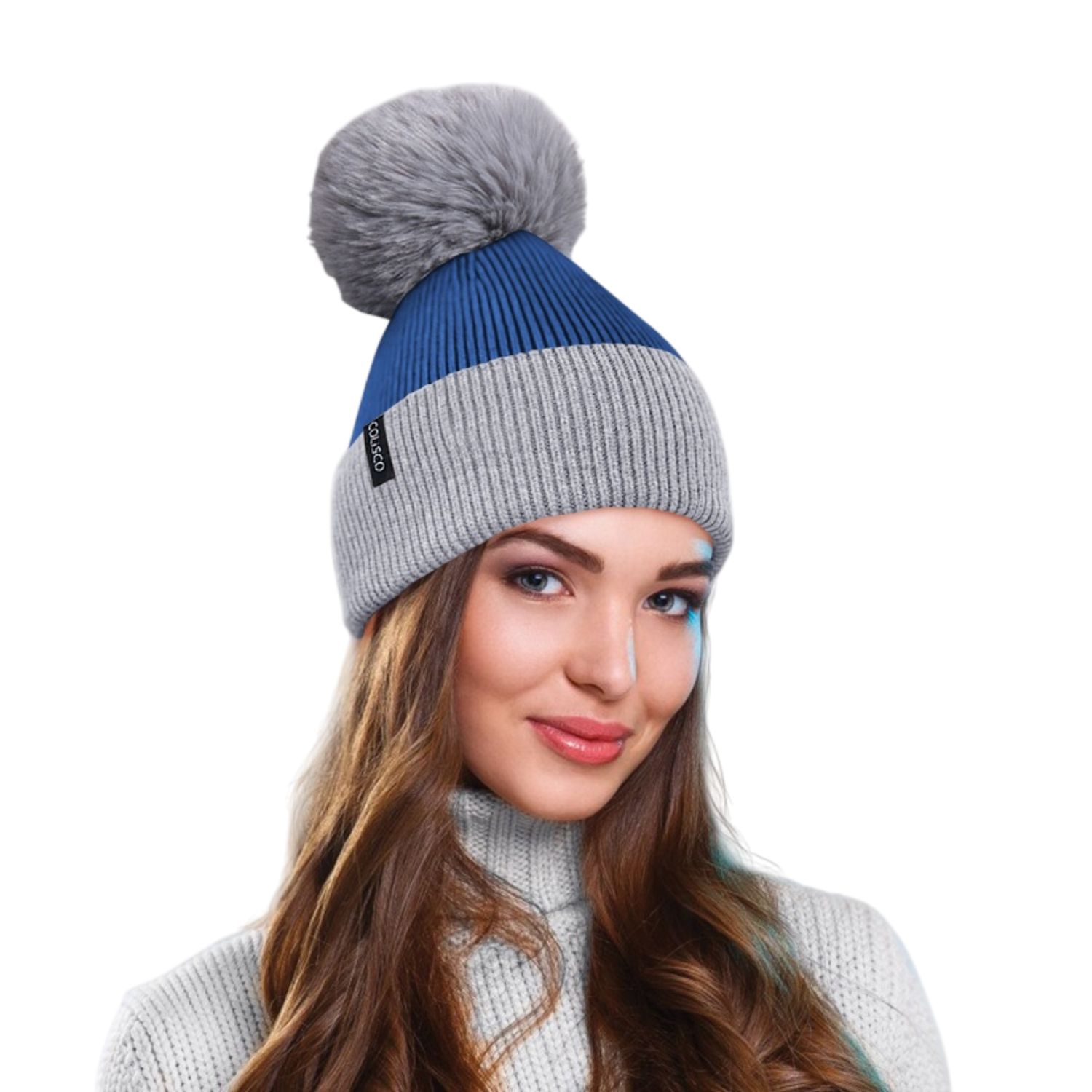 Colisco Soft Warm Pompom Beanies, Cozy Winter Knitted Beanie Hat, Blue/Grey