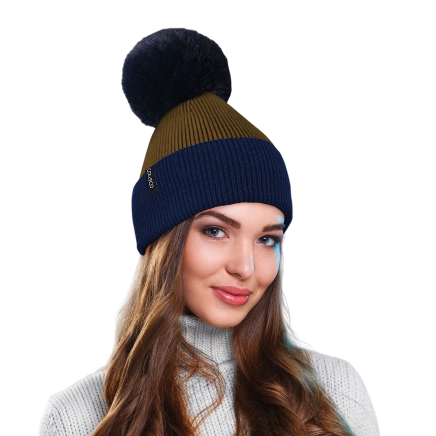 Colisco Soft Warm Pompom Beanies, Cozy Winter Knitted Beanie Hat, Navy/Olive
