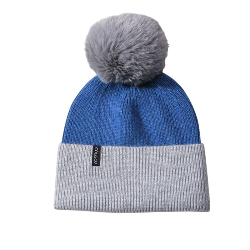 Colisco Soft Warm Pom Pom Beanie Hat, Blue/Grey