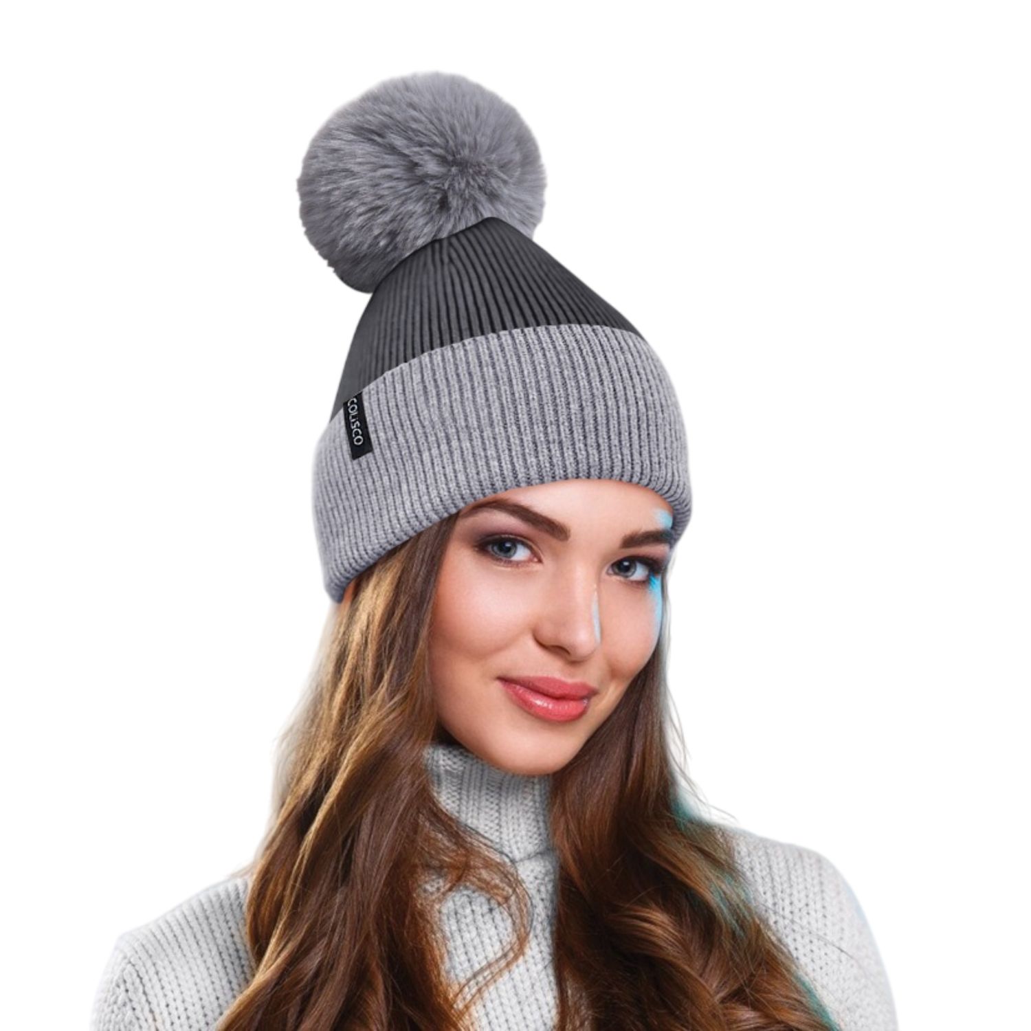 Colisco Soft Warm Pompom Beanies, Cozy Winter Knitted Beanie Hat, Light Grey/Dark Grey