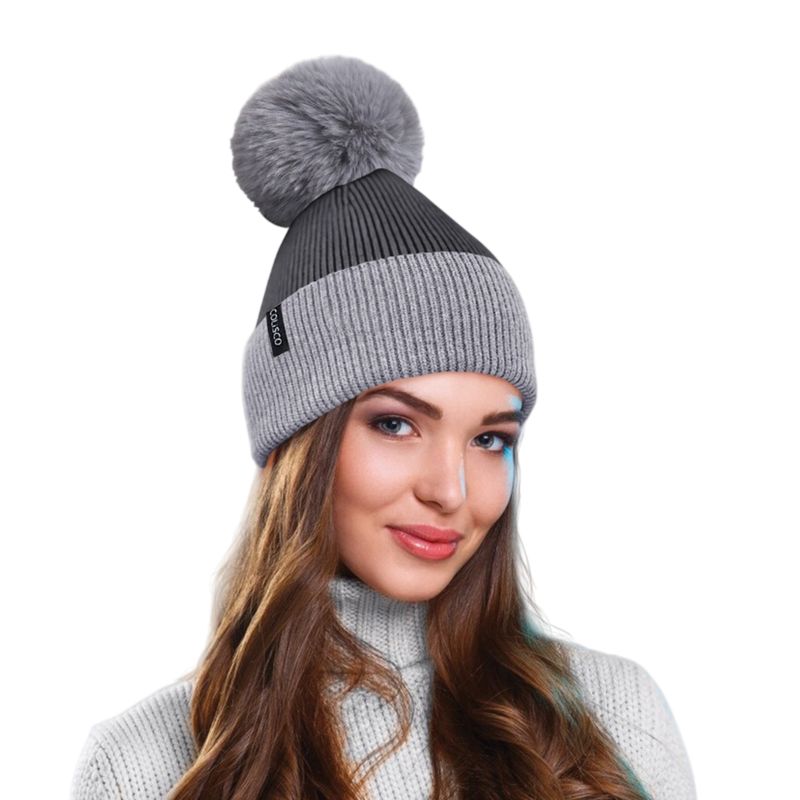 Colisco Soft Warm Pompom Beanies, Cozy Winter Knitted Beanie Hat, Light Grey/Dark Grey