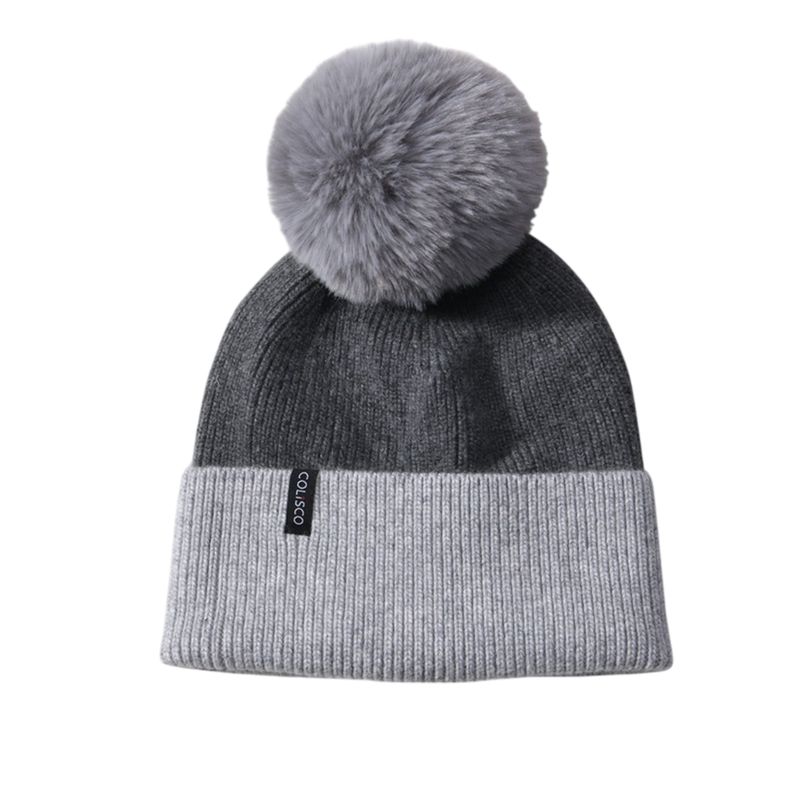 Colisco Soft Warm Pom Pom Beanie Hat, Light Grey/Dark Grey