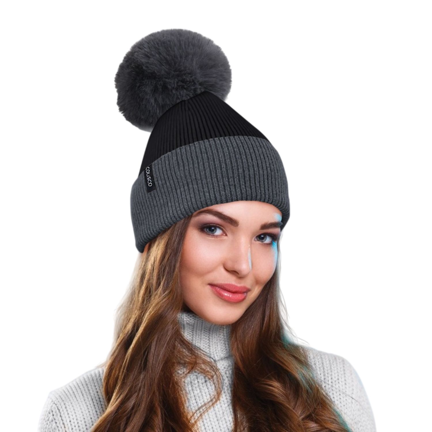 Colisco Soft Warm Pompom Beanies, Cozy Winter Knitted Beanie Hat, Black/Dark Gray