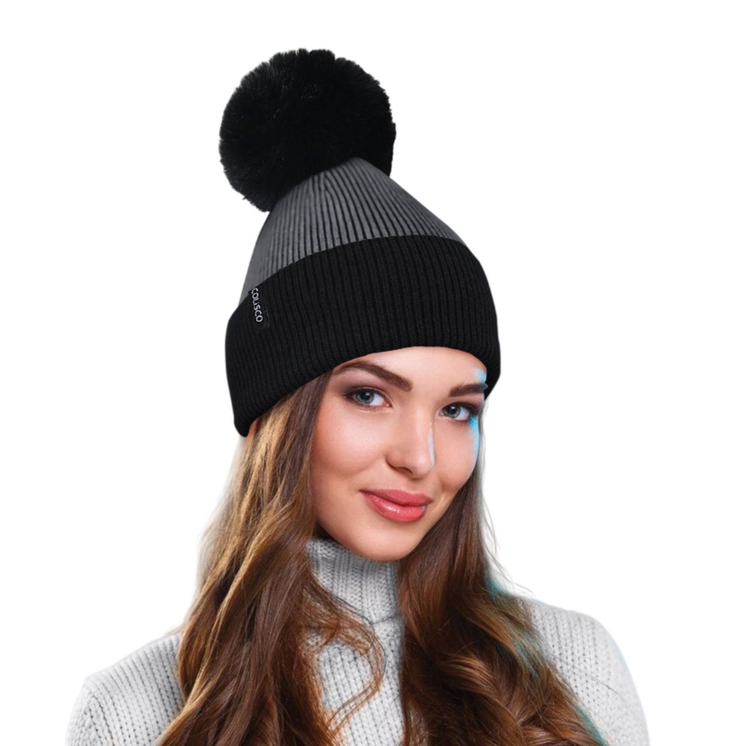 Colisco Soft Warm Pompom Beanies, Cozy Winter Knitted Beanie Hat, Gray/Black